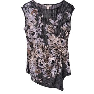 White House Black Market Floral‎ Herringbone Asymmetrical Knot Tunic Top Navy M